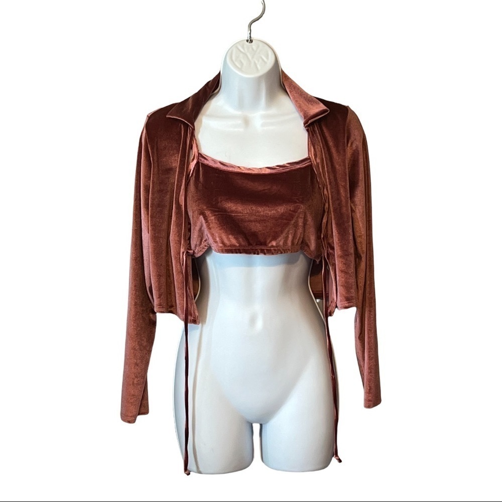 Hello Monday Blush Pink Velvet 2PC Set Large Bralette with Cropped Jacket